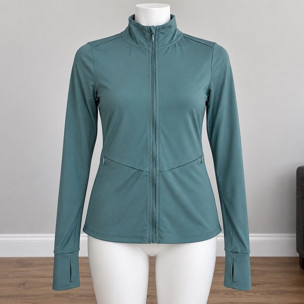Nicole Miller Sport Women Small Teal Full Zip Athletic Jacket Thumbholes Pocket